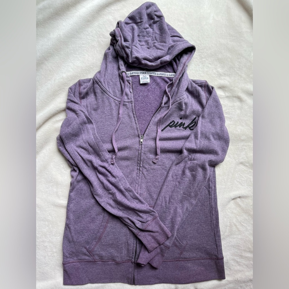 PINK Victoria’s Secret Zip Up Lounge Hooded Sweatshirt, Heather Purple, Medium